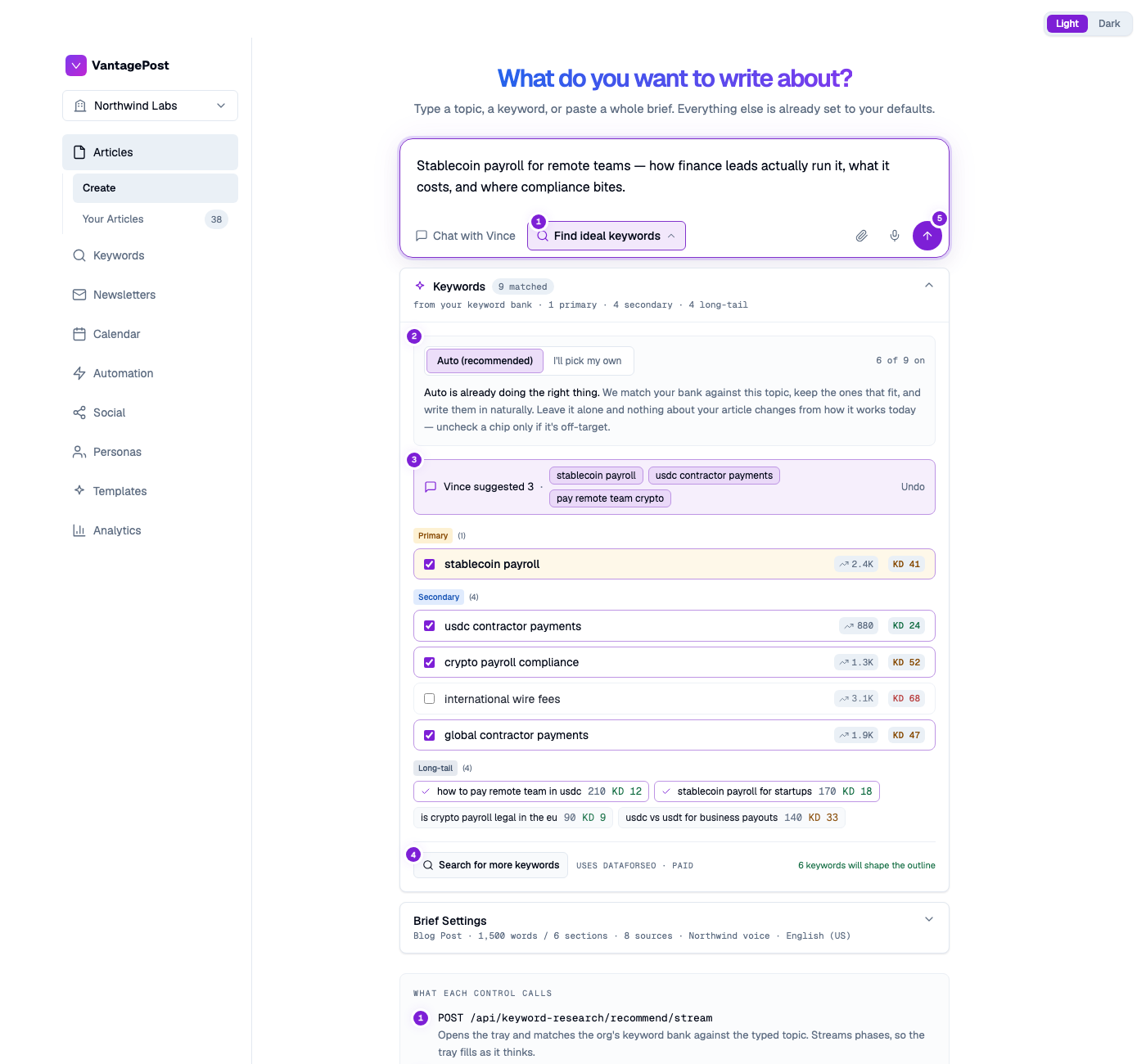 Option A mockup: keyword tray before writing