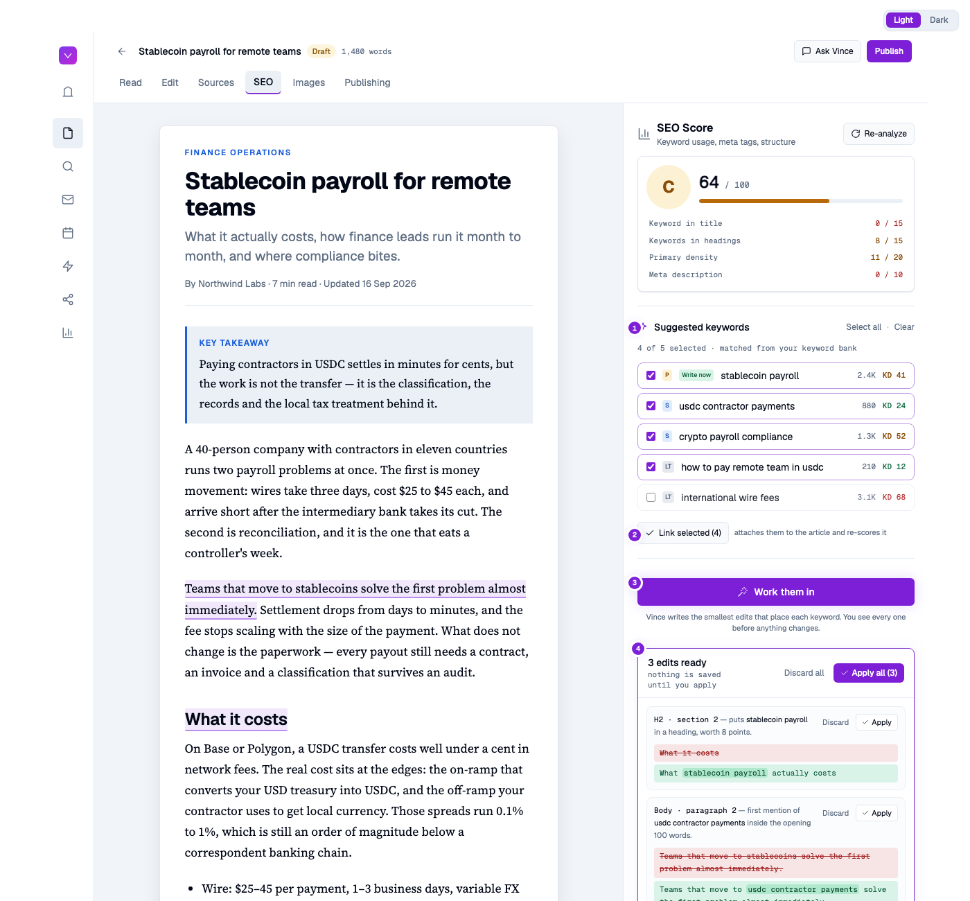 Option B mockup: work keywords in after writing